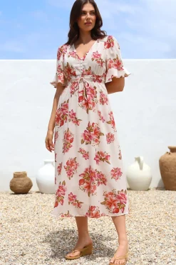 Vinnie Midi Dress - V-Neck Dress with Short Flutter Sleeves in Rosita Print><noscript><img width=