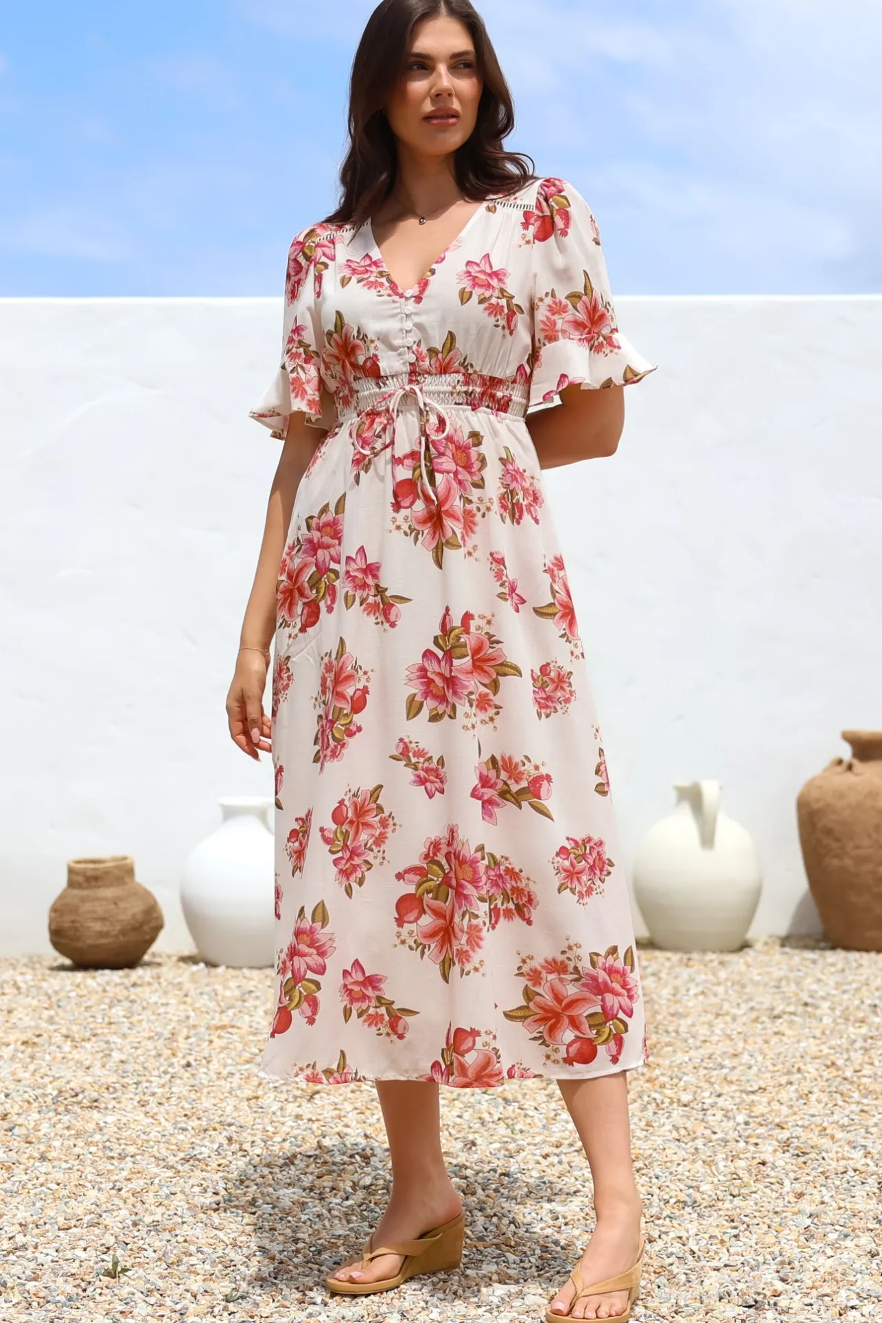 Vinnie Midi Dress - V-Neck Dress with Short Flutter Sleeves in Rosita Print>Salty Crush Clearance