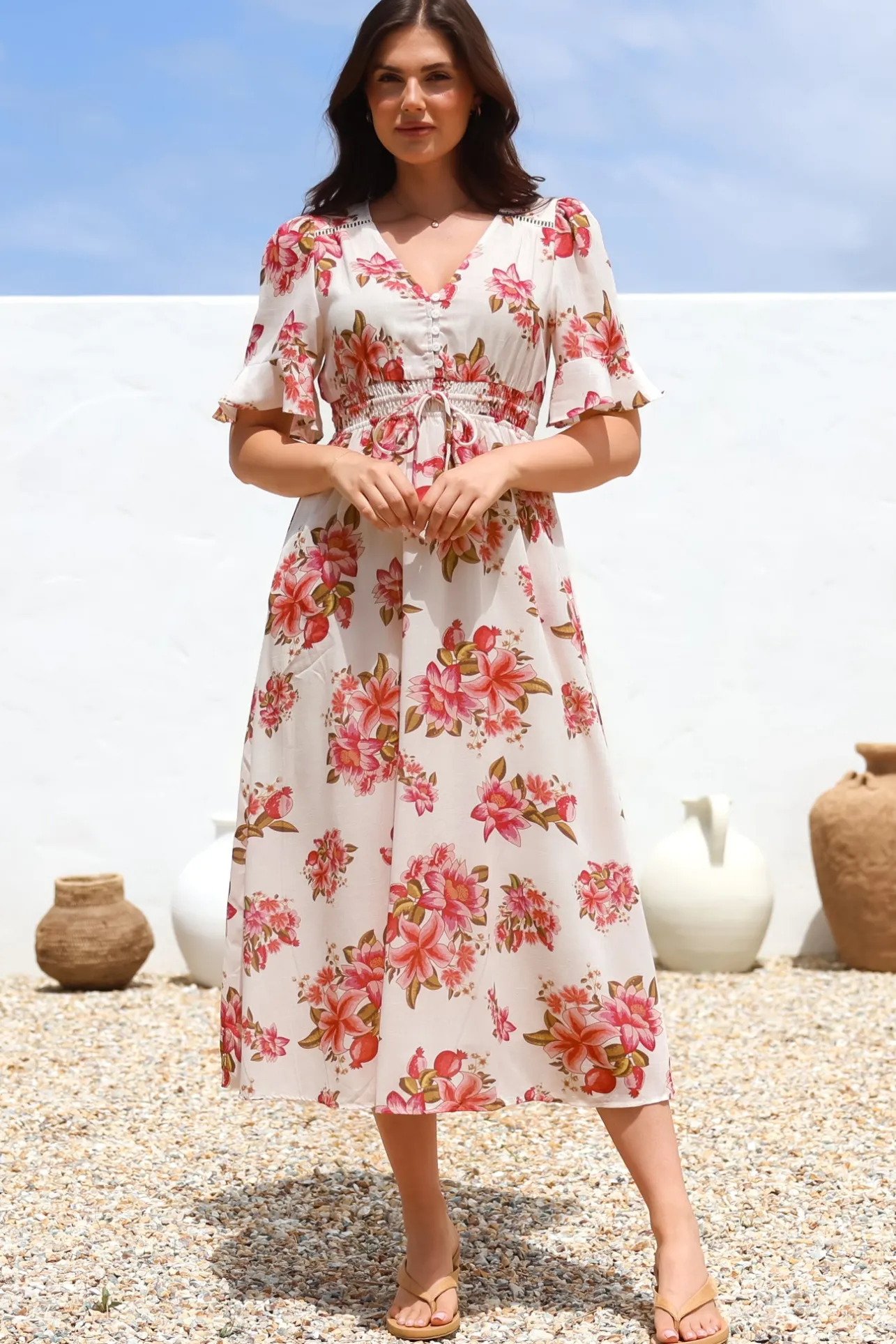 Vinnie Midi Dress - V-Neck Dress with Short Flutter Sleeves in Rosita Print>Salty Crush Clearance