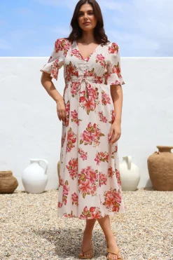 Vinnie Midi Dress - V-Neck Dress with Short Flutter Sleeves in Rosita Print><noscript><img width=