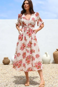 Vinnie Midi Dress - V-Neck Dress with Short Flutter Sleeves in Rosita Print><noscript><img width=