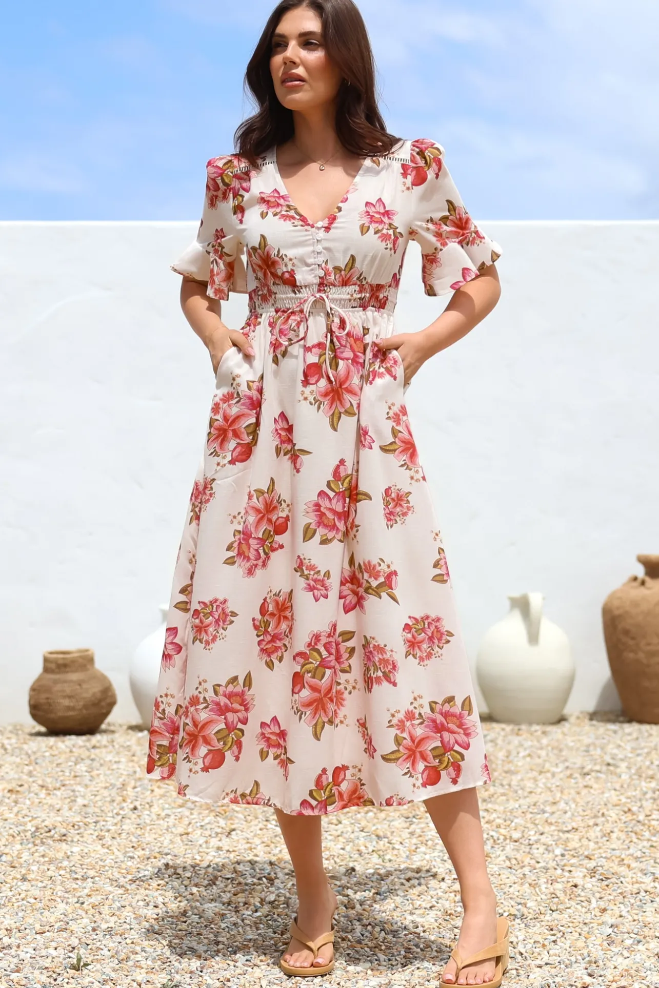 Vinnie Midi Dress - V-Neck Dress with Short Flutter Sleeves in Rosita Print>Salty Crush Clearance