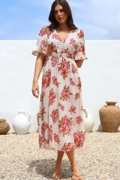 Vinnie Midi Dress - V-Neck Dress with Short Flutter Sleeves in Rosita Print><noscript><img width=
