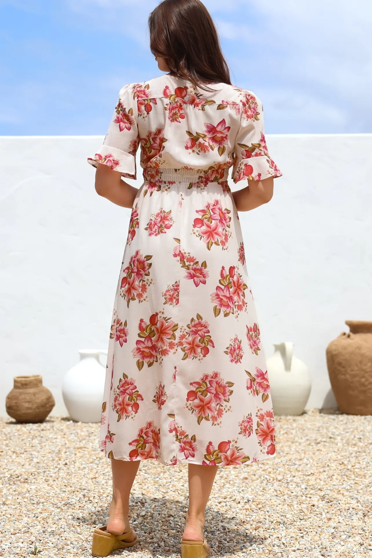 Vinnie Midi Dress - V-Neck Dress with Short Flutter Sleeves in Rosita Print>Salty Crush Clearance