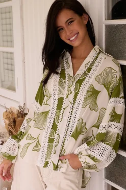 Viola Blouse - Collared Lace Spliced Button Down Blouse in Emery Print>Jaase Discount