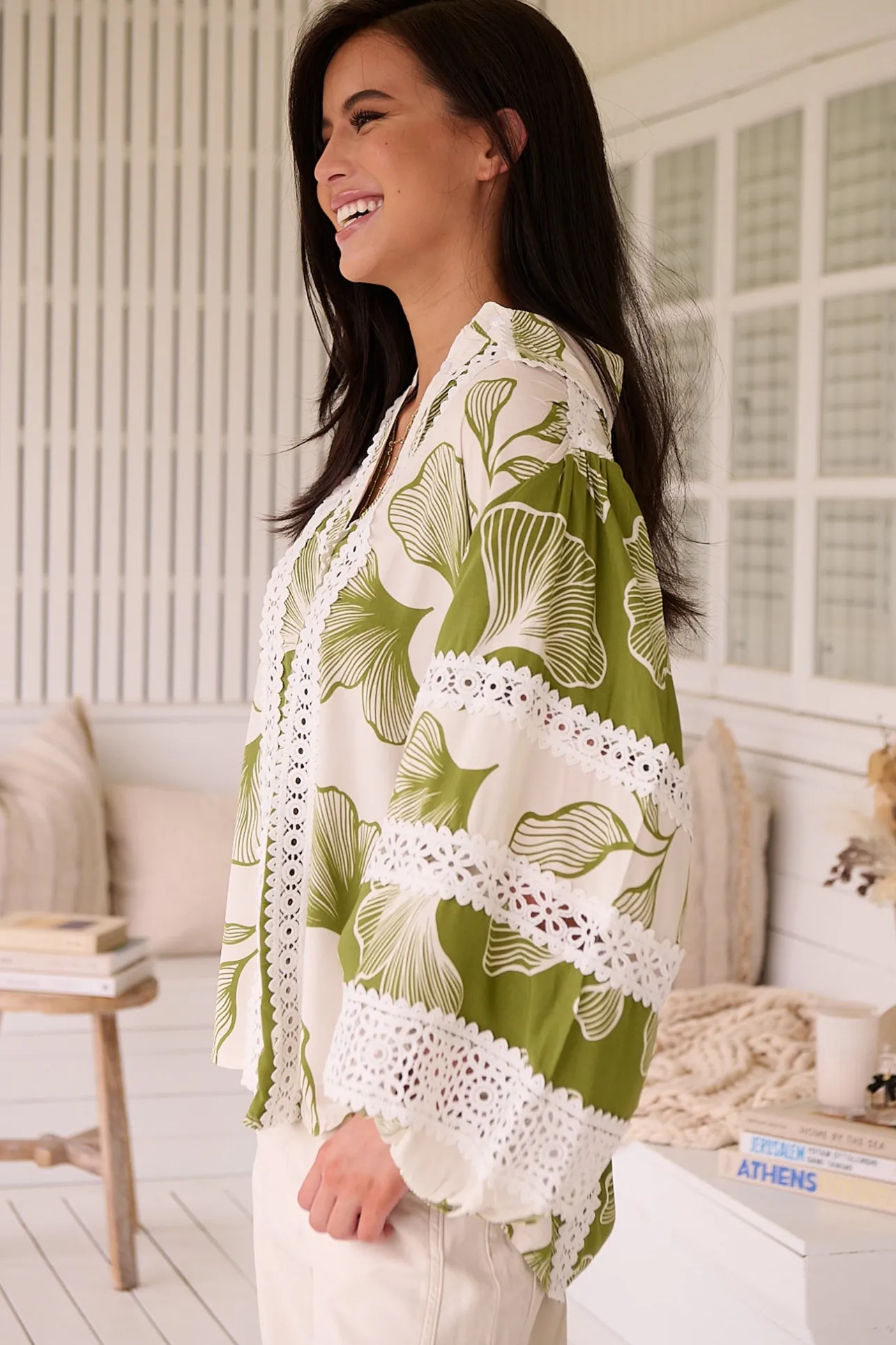Viola Blouse - Collared Lace Spliced Button Down Blouse in Emery Print>Jaase Discount