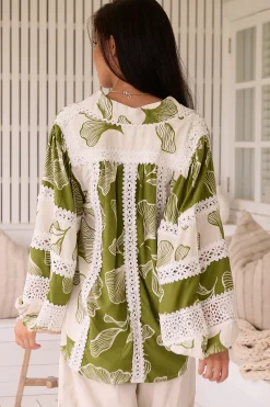 Viola Blouse - Collared Lace Spliced Button Down Blouse in Emery Print><noscript><img width=