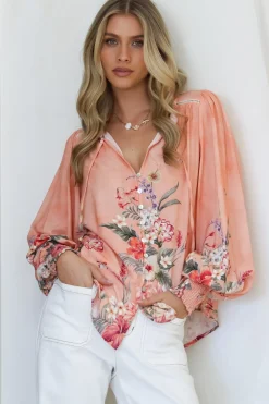 Violet Blouse - Frill Collar Button Down Balloon Sleeve Blouse In Evette Print>Salty Crush Sale
