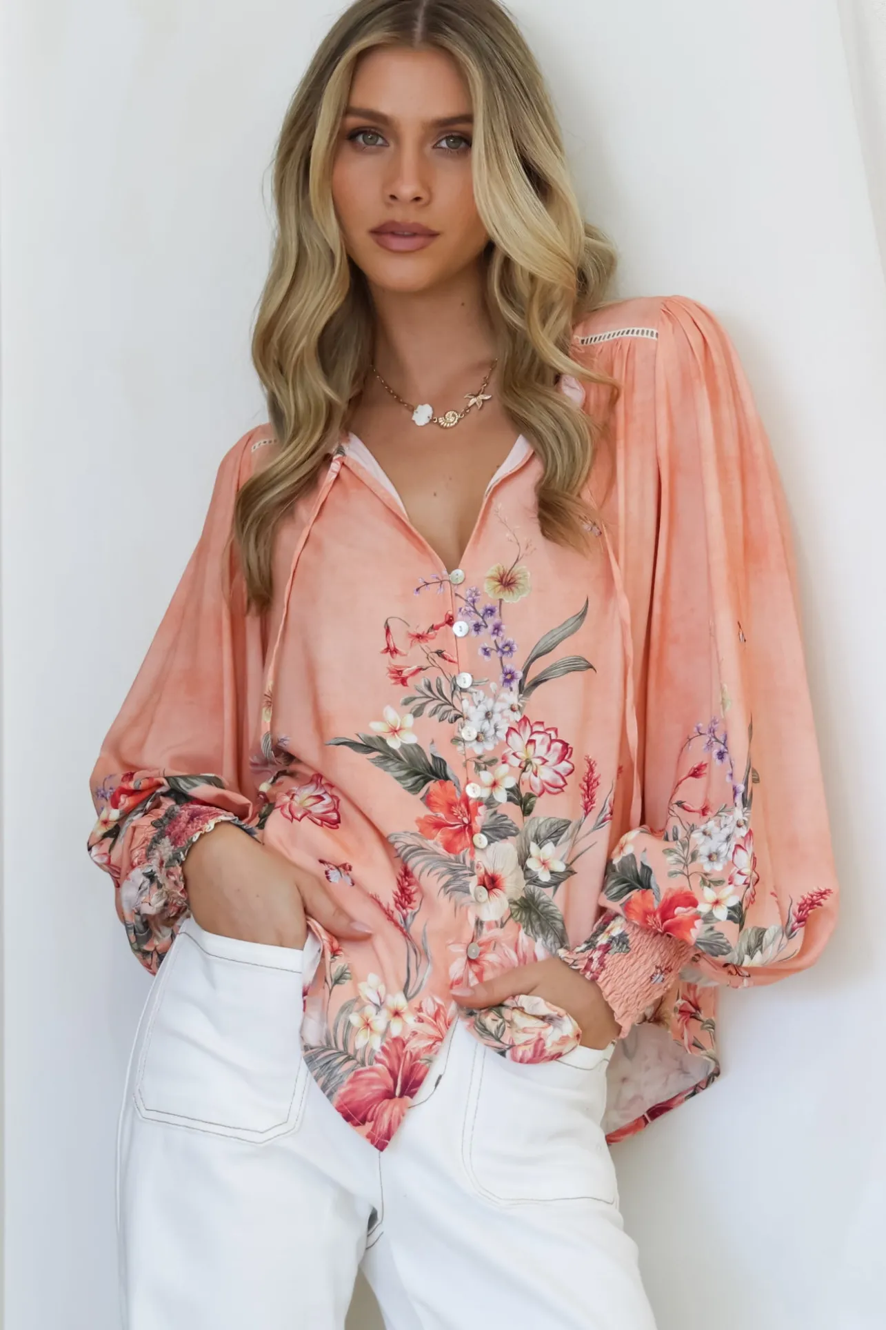 Violet Blouse - Frill Collar Button Down Balloon Sleeve Blouse In Evette Print>Salty Crush Sale