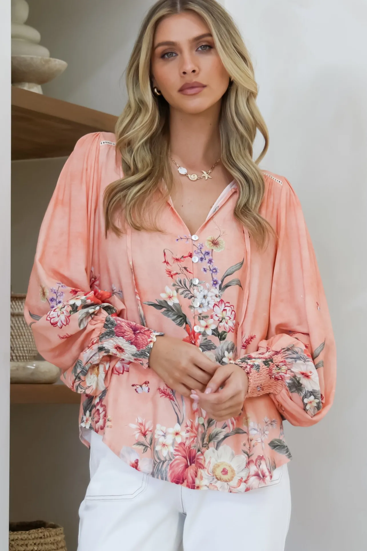 Violet Blouse - Frill Collar Button Down Balloon Sleeve Blouse In Evette Print>Salty Crush Sale
