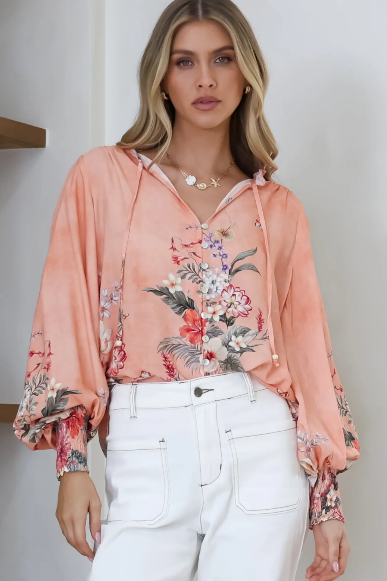 Violet Blouse - Frill Collar Button Down Balloon Sleeve Blouse In Evette Print>Salty Crush Sale