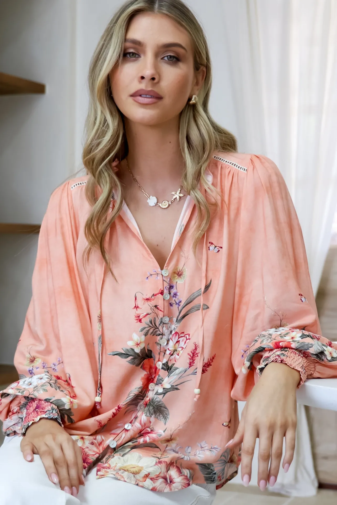 Violet Blouse - Frill Collar Button Down Balloon Sleeve Blouse In Evette Print>Salty Crush Sale