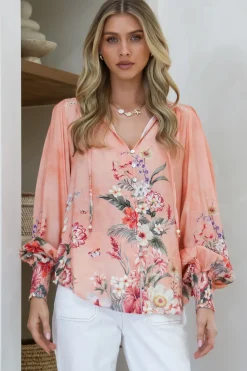 Violet Blouse - Frill Collar Button Down Balloon Sleeve Blouse In Evette Print><noscript><img width=