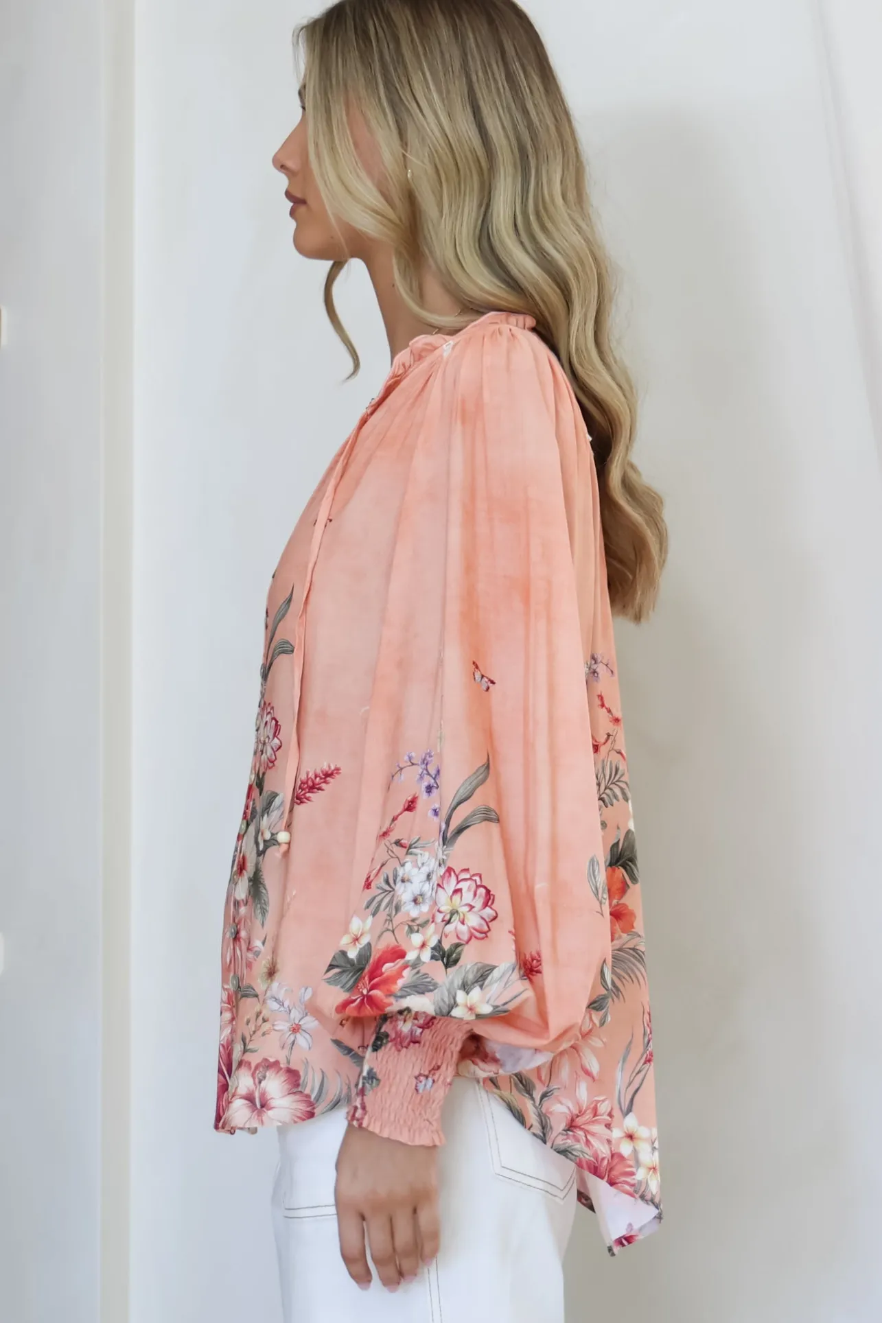 Violet Blouse - Frill Collar Button Down Balloon Sleeve Blouse In Evette Print>Salty Crush Sale