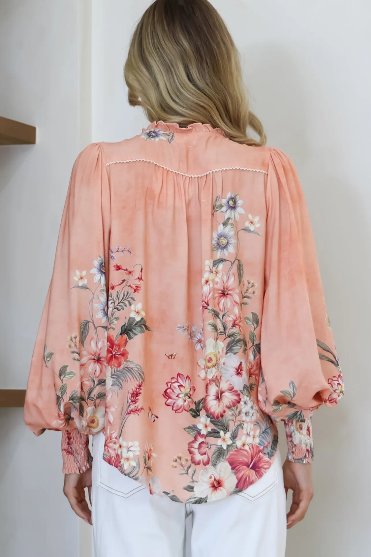 Violet Blouse - Frill Collar Button Down Balloon Sleeve Blouse In Evette Print>Salty Crush Sale