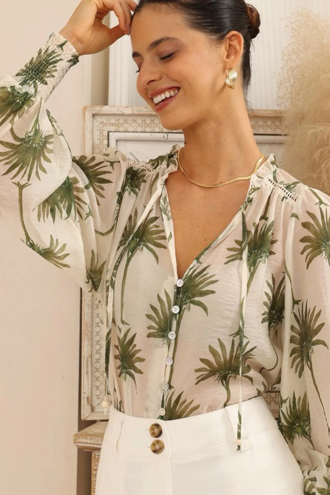 Violet Blouse - Frill Collar Button Down Balloon Sleeve Blouse In Brooks Print>Salty Crush Sale