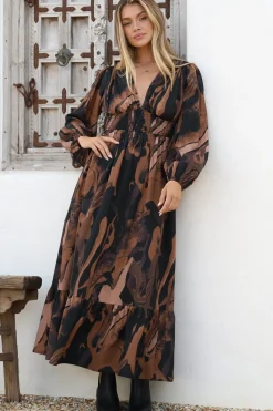 Violla Maxi Dress - V Neck Shirred Waist A Line Dress in Chelsea Print Brown>Salty Crush