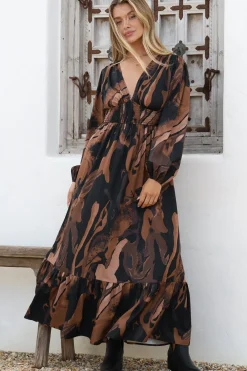 Violla Maxi Dress - V Neck Shirred Waist A Line Dress in Chelsea Print Brown><noscript><img width=