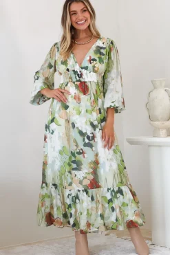 Violla Maxi Dress - V Neck Shirred Waist A Line Dress in Kamara Print Green>Salty Crush Hot