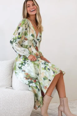 Violla Maxi Dress - V Neck Shirred Waist A Line Dress in Kamara Print Green>Salty Crush Hot