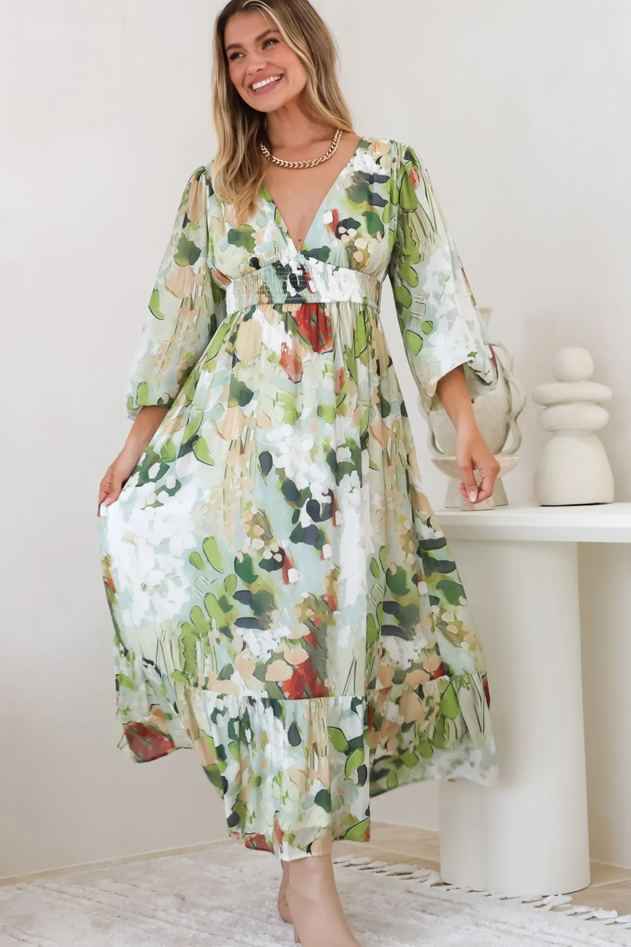 Violla Maxi Dress - V Neck Shirred Waist A Line Dress in Kamara Print Green>Salty Crush Hot