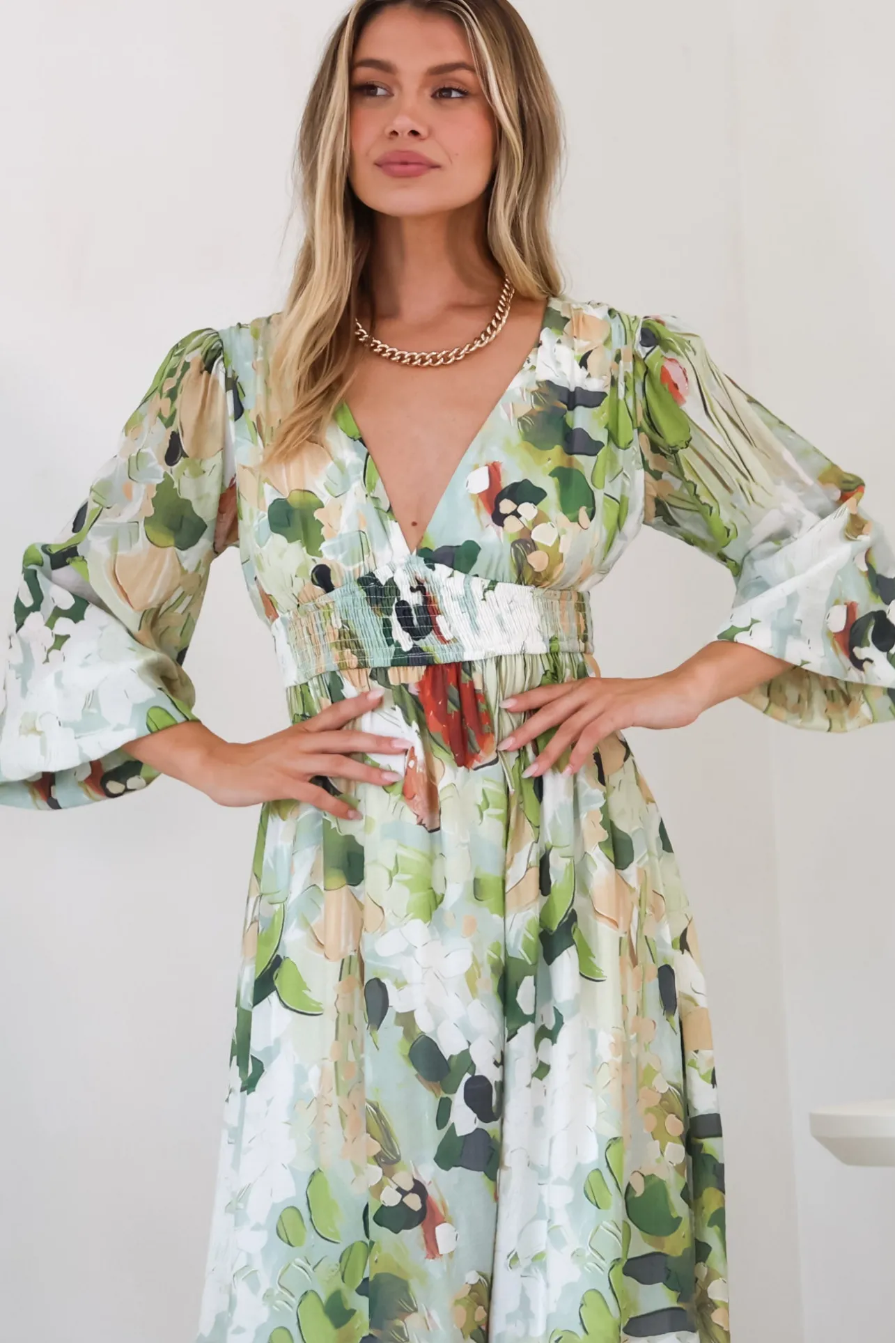 Violla Maxi Dress - V Neck Shirred Waist A Line Dress in Kamara Print Green>Salty Crush Hot