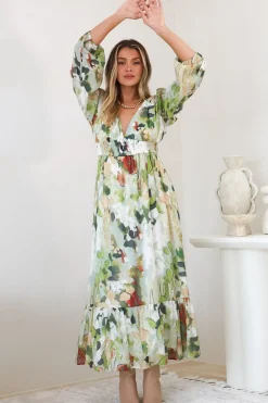 Violla Maxi Dress - V Neck Shirred Waist A Line Dress in Kamara Print Green><noscript><img width=