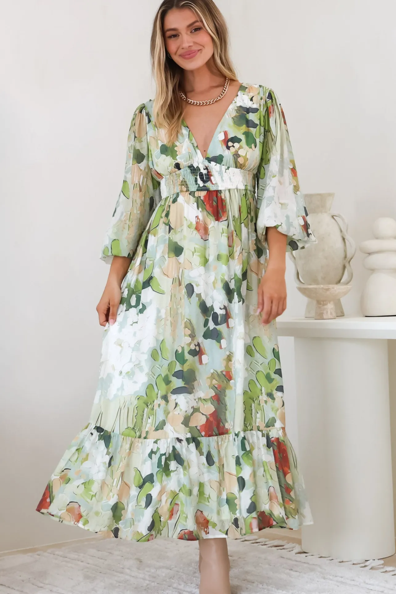 Violla Maxi Dress - V Neck Shirred Waist A Line Dress in Kamara Print Green>Salty Crush Hot