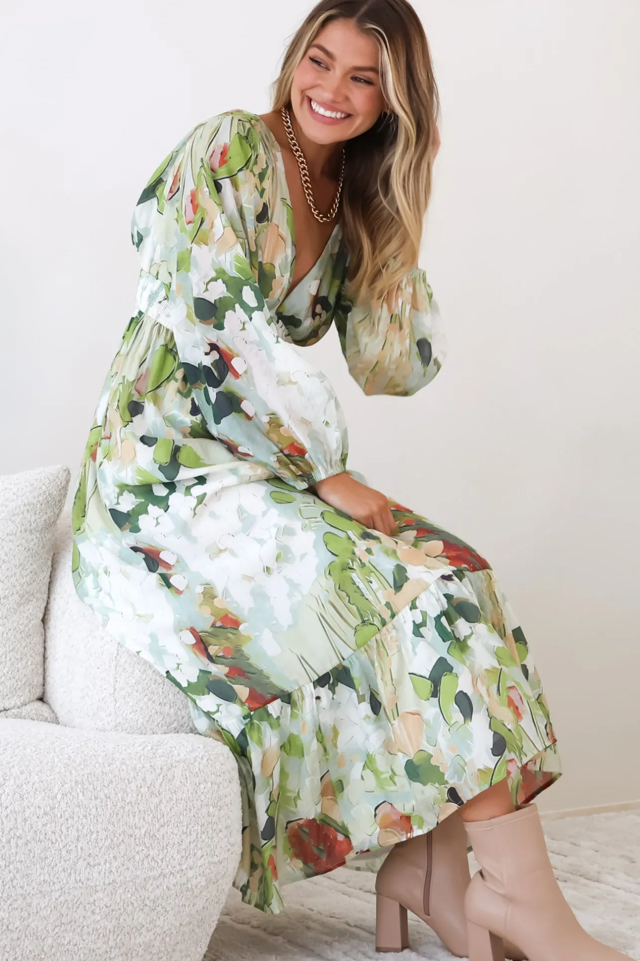 Violla Maxi Dress - V Neck Shirred Waist A Line Dress in Kamara Print Green>Salty Crush Hot