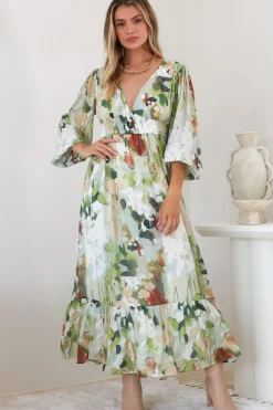 Violla Maxi Dress - V Neck Shirred Waist A Line Dress in Kamara Print Green><noscript><img width=