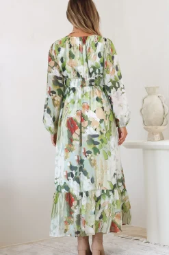 Violla Maxi Dress - V Neck Shirred Waist A Line Dress in Kamara Print Green><noscript><img width=