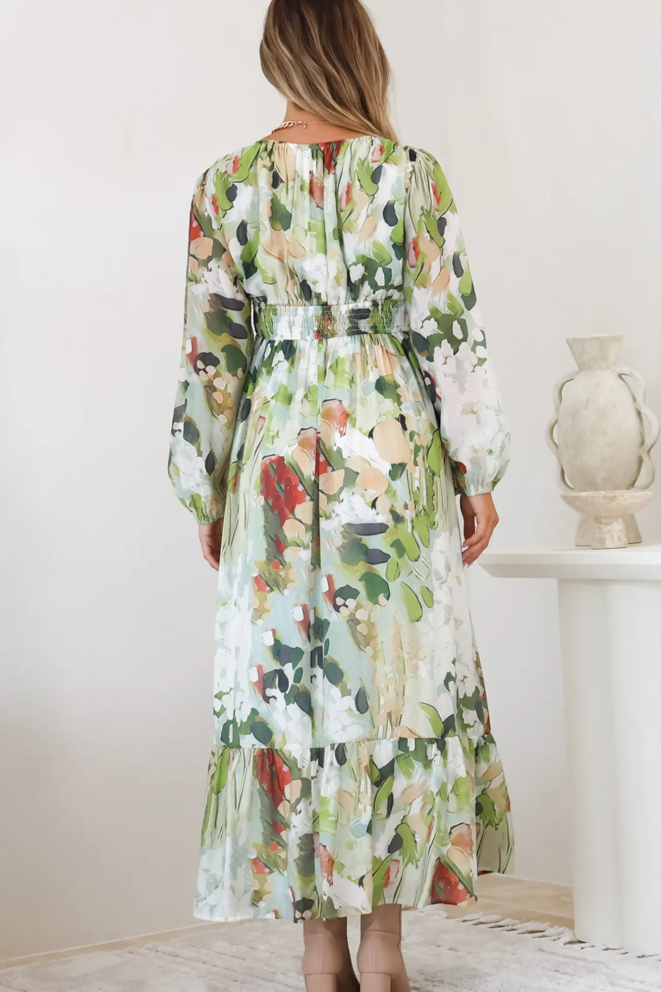 Violla Maxi Dress - V Neck Shirred Waist A Line Dress in Kamara Print Green>Salty Crush Hot