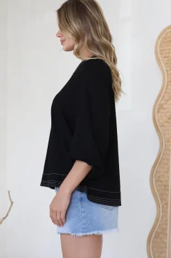 Walker Top - Round Neck Pull Over Top with Contrast Stitching in Black><noscript><img width=