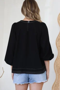Walker Top - Round Neck Pull Over Top with Contrast Stitching in Black><noscript><img width=