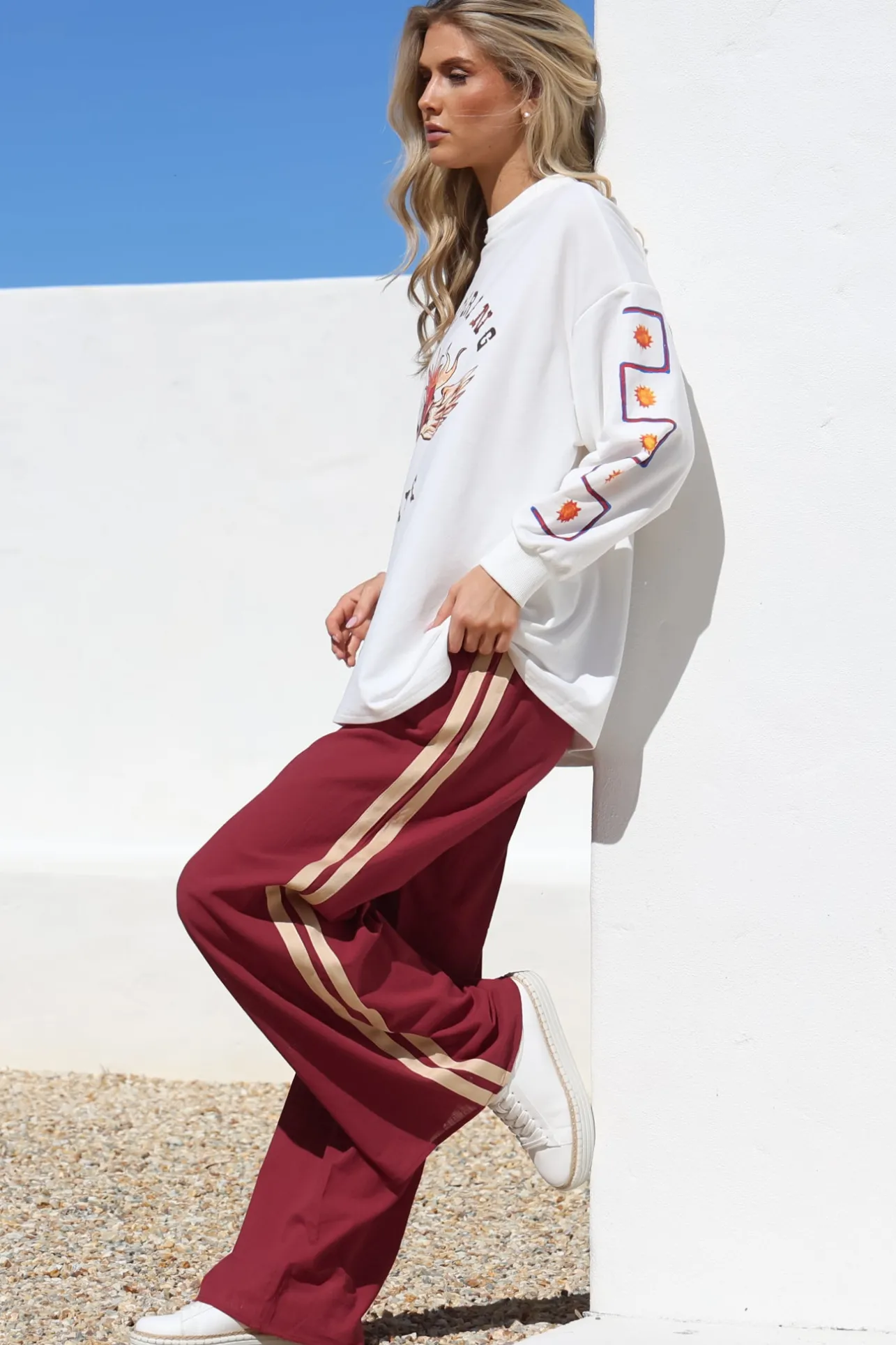 Wandering Heart Set - Graphic Long Sleeve Top and Pants with Stripe Accent in Red>Salty Crush Sale
