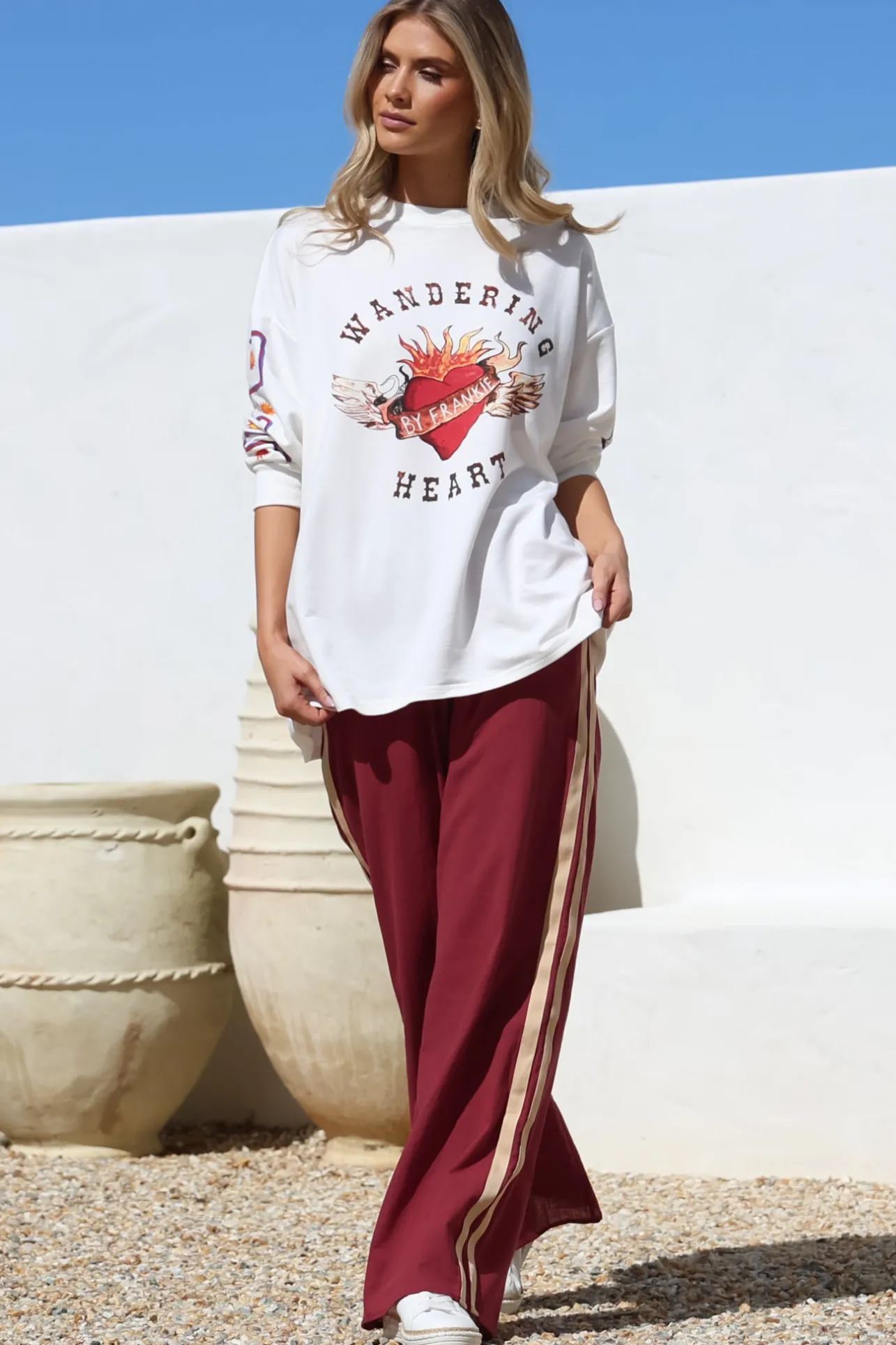 Wandering Heart Set - Graphic Long Sleeve Top and Pants with Stripe Accent in Red>Salty Crush Sale