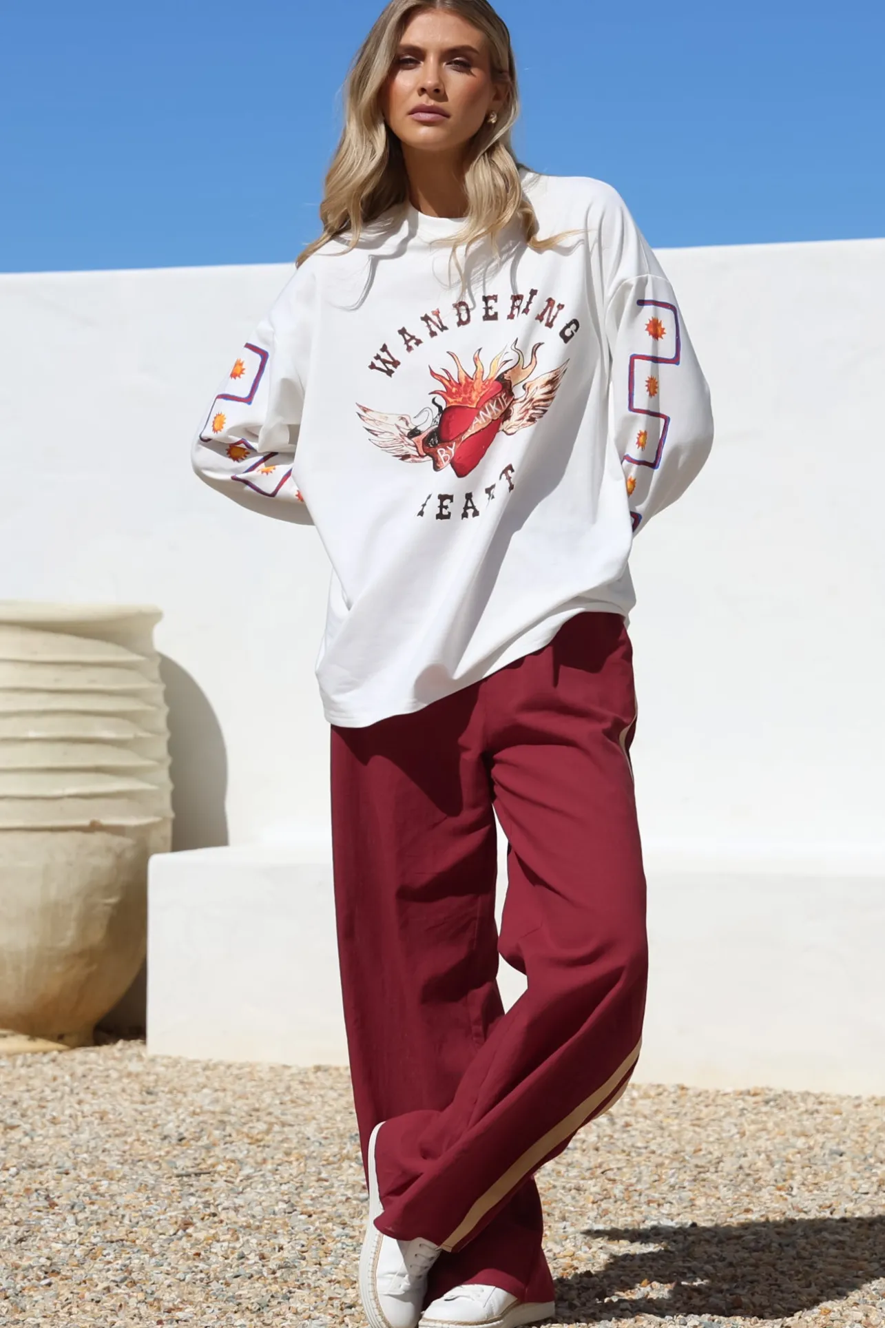 Wandering Heart Set - Graphic Long Sleeve Top and Pants with Stripe Accent in Red>Salty Crush Sale