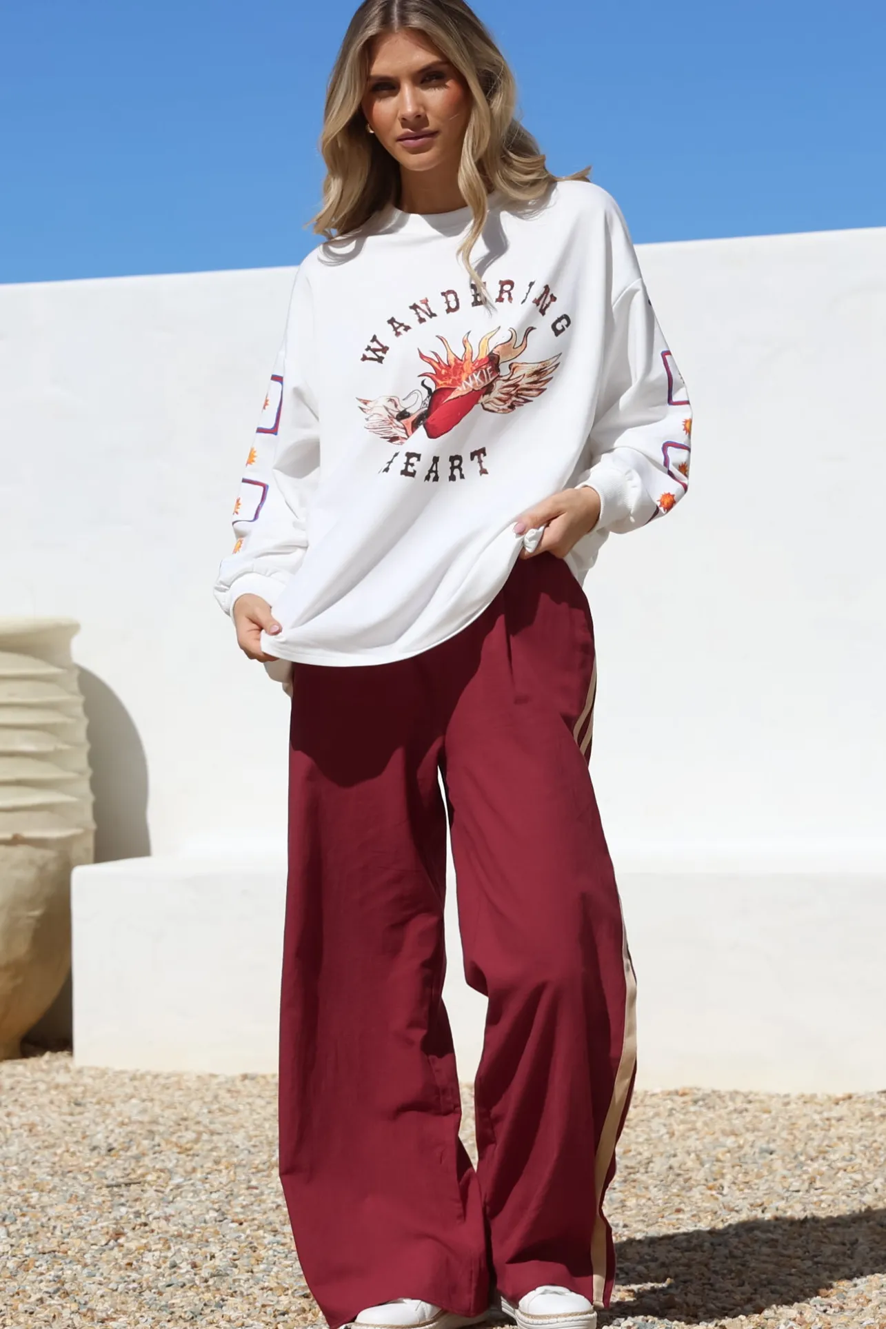Wandering Heart Set - Graphic Long Sleeve Top and Pants with Stripe Accent in Red>Salty Crush Sale