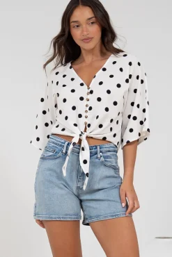 Waverly Top - V-Neck Button Down Top with Tie at Waist in Black Polka Dot Print>Salty Crush New
