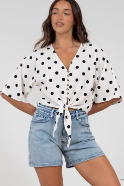 Waverly Top - V-Neck Button Down Top with Tie at Waist in Black Polka Dot Print><noscript><img width=
