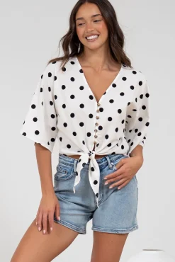 Waverly Top - V-Neck Button Down Top with Tie at Waist in Black Polka Dot Print><noscript><img width=