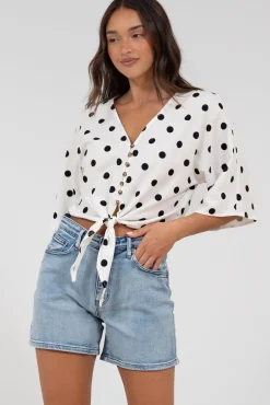 Waverly Top - V-Neck Button Down Top with Tie at Waist in Black Polka Dot Print><noscript><img width=