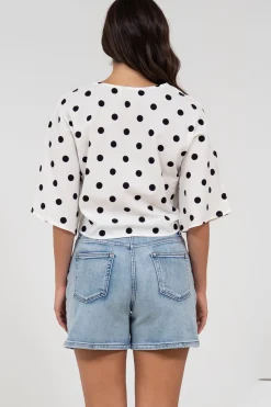 Waverly Top - V-Neck Button Down Top with Tie at Waist in Black Polka Dot Print><noscript><img width=