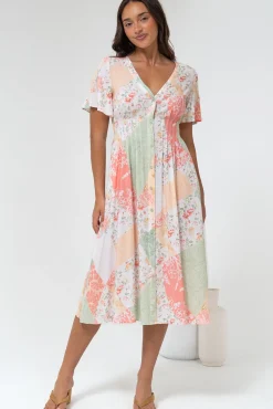 Wesley Midi Dress - V-Neck A-Line Dress with Flutter Sleeves in Loyola Print>Salty Crush New