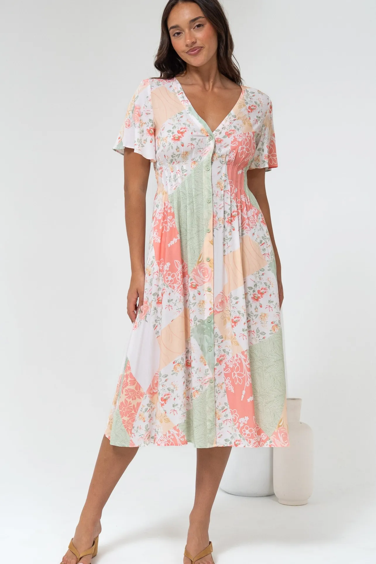 Wesley Midi Dress - V-Neck A-Line Dress with Flutter Sleeves in Loyola Print>Salty Crush New