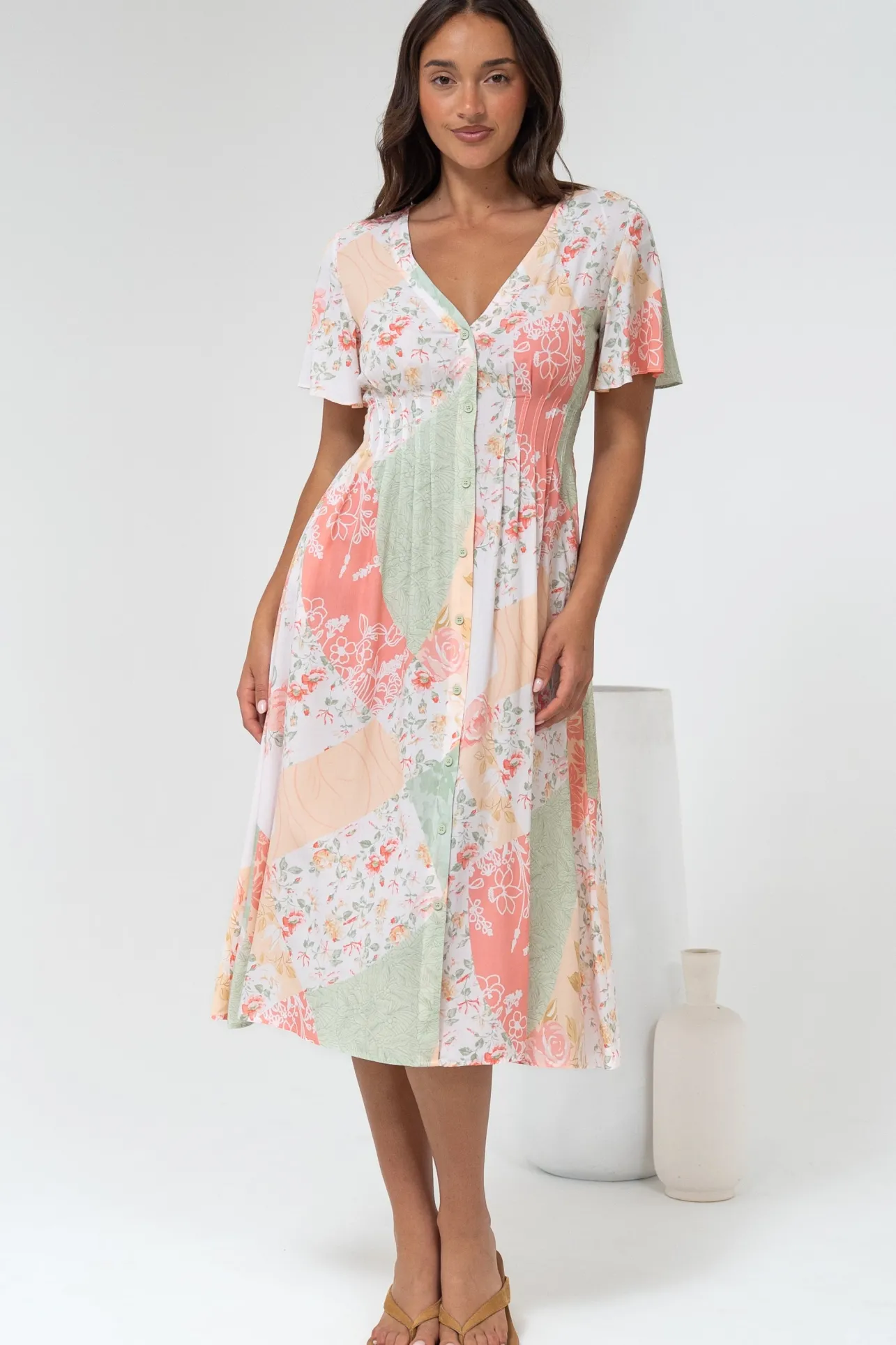 Wesley Midi Dress - V-Neck A-Line Dress with Flutter Sleeves in Loyola Print>Salty Crush New