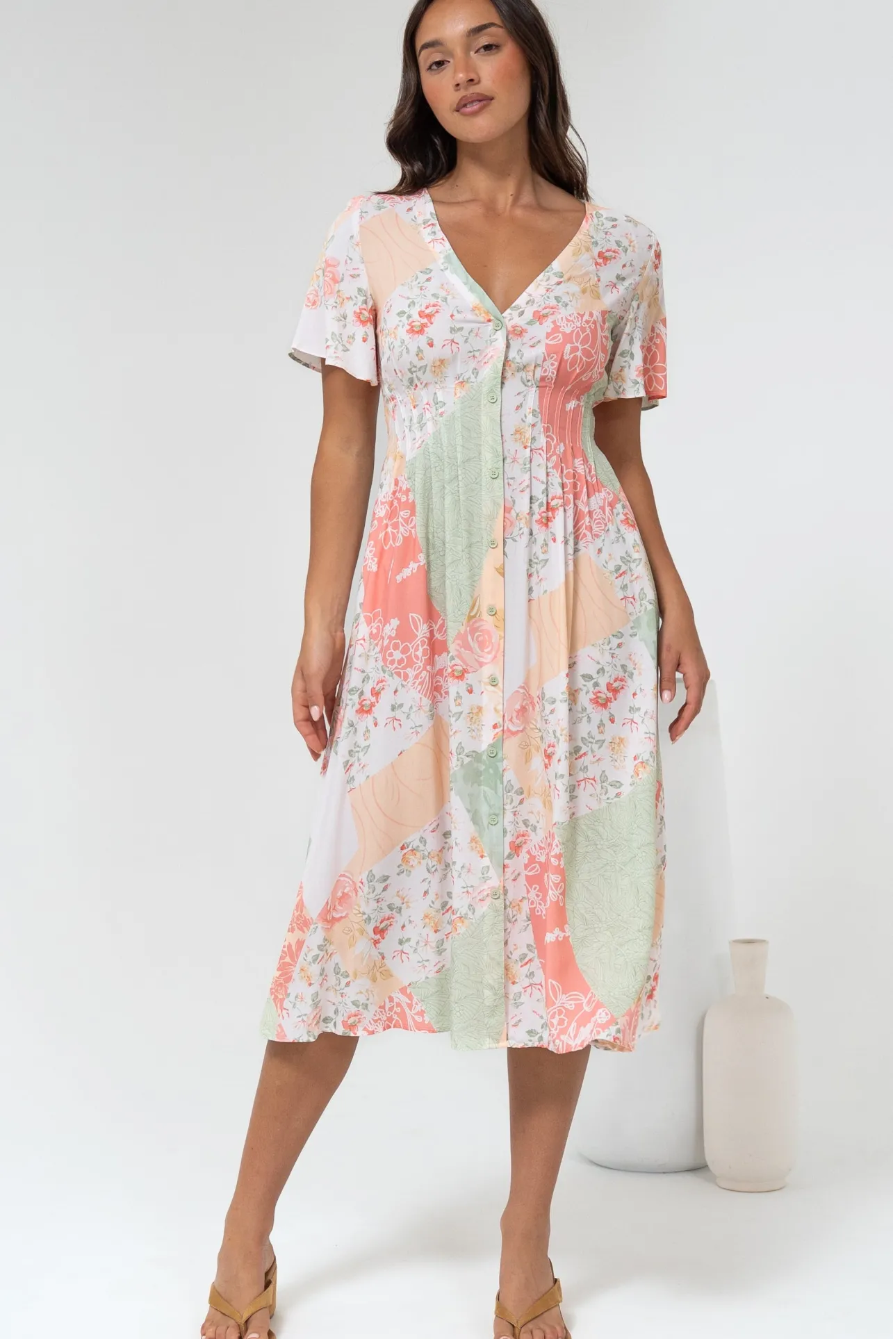 Wesley Midi Dress - V-Neck A-Line Dress with Flutter Sleeves in Loyola Print>Salty Crush New