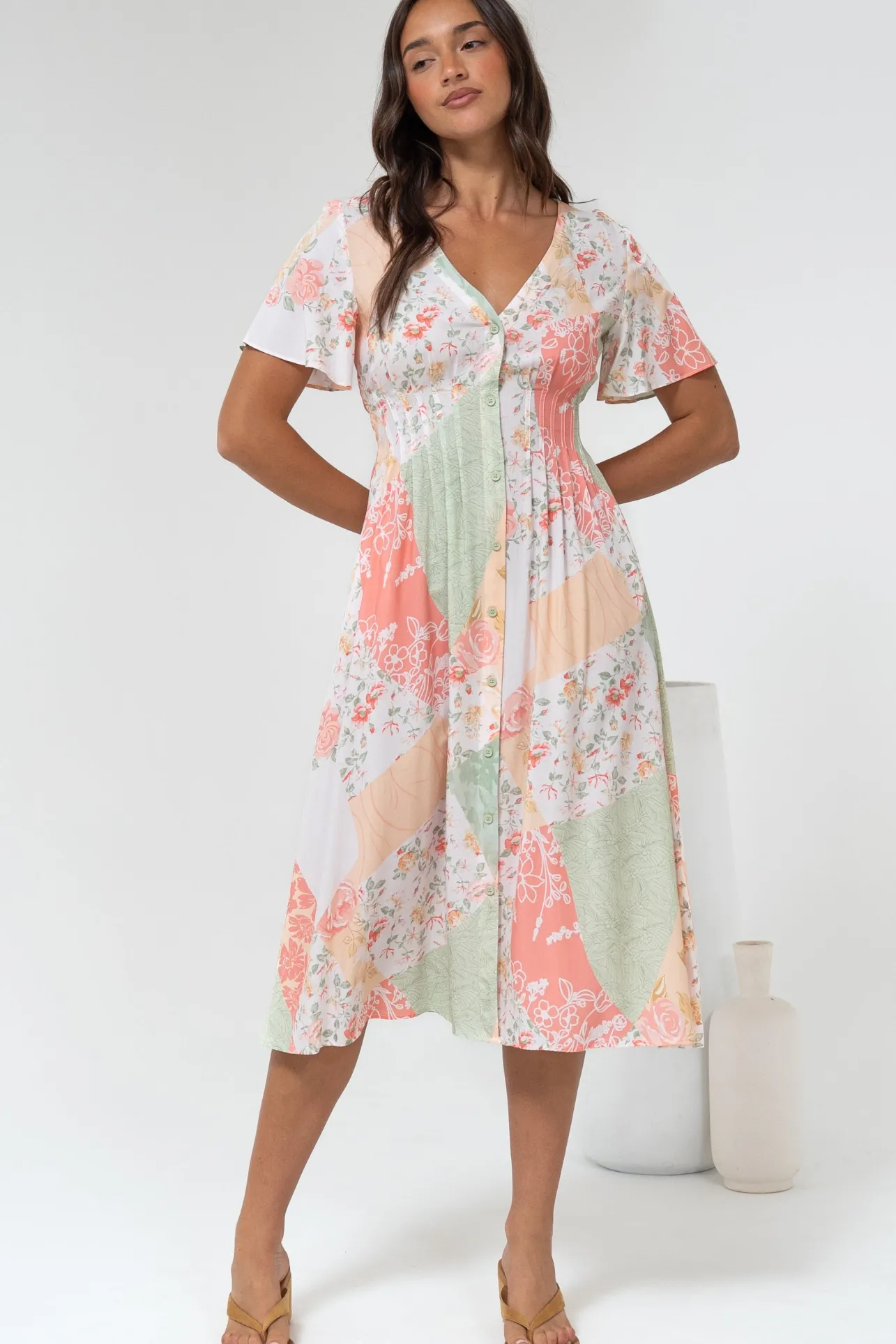 Wesley Midi Dress - V-Neck A-Line Dress with Flutter Sleeves in Loyola Print>Salty Crush New