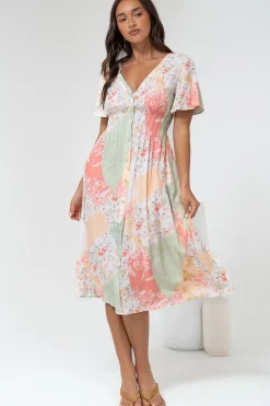 Wesley Midi Dress - V-Neck A-Line Dress with Flutter Sleeves in Loyola Print><noscript><img width=