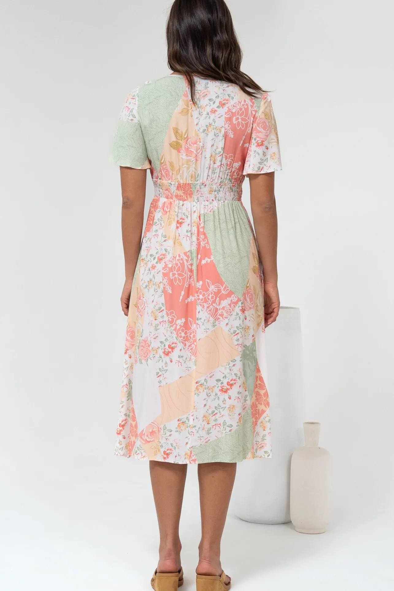 Wesley Midi Dress - V-Neck A-Line Dress with Flutter Sleeves in Loyola Print>Salty Crush New